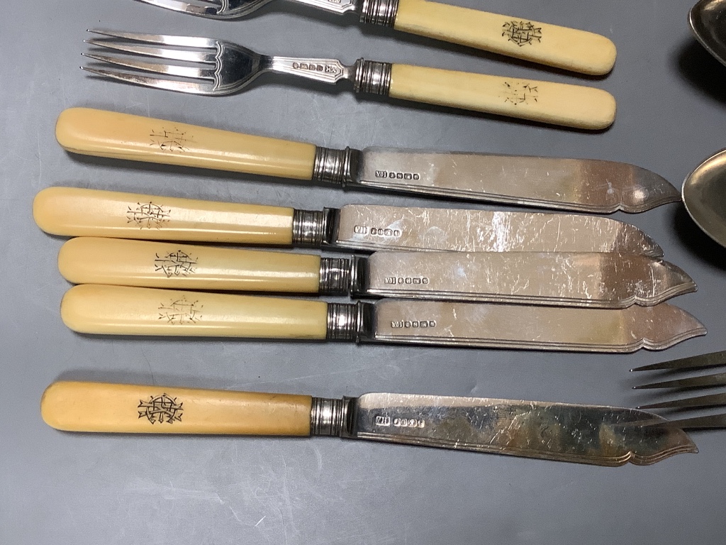 Six pairs of Victorian Ivory handled silver fish eaters and a small quantity of other flatware.